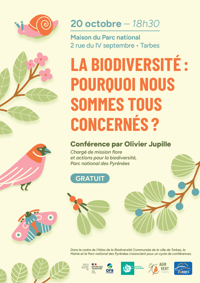 Affiche colorée montrant des animaux et des végétaux pour annoncer la conférence ABC à Tarbes